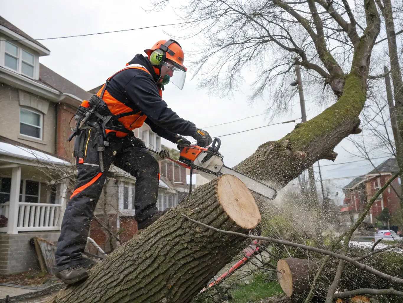 A team of arborists safely removing a large fallen tree using specialized equipment, demonstrating the efficiency and safety of tree removal services.