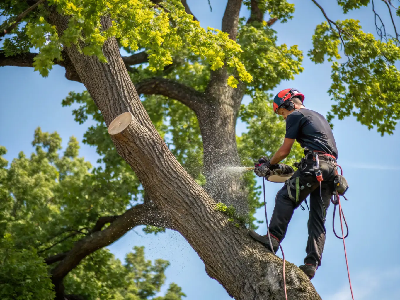 A certified arborist carefully pruning a large oak tree with professional equipment, showcasing the precision and care involved in tree pruning services.