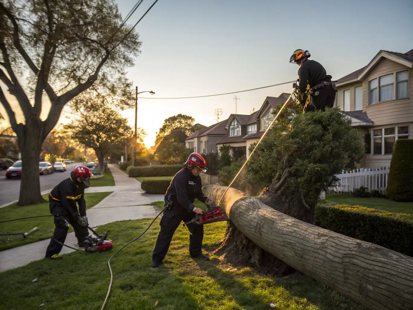 Emergency response team clearing storm-damaged trees from a residential property, highlighting the rapid and effective response to storm-related tree emergencies.