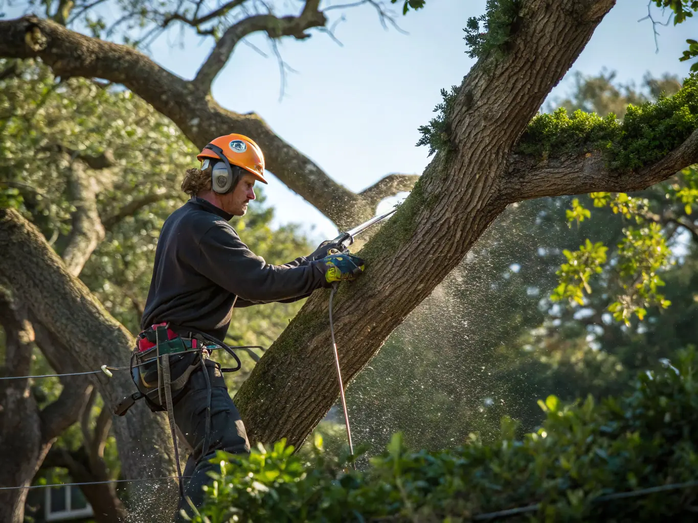 A certified arborist carefully pruning a large oak tree in a residential backyard, showcasing precision and expertise.