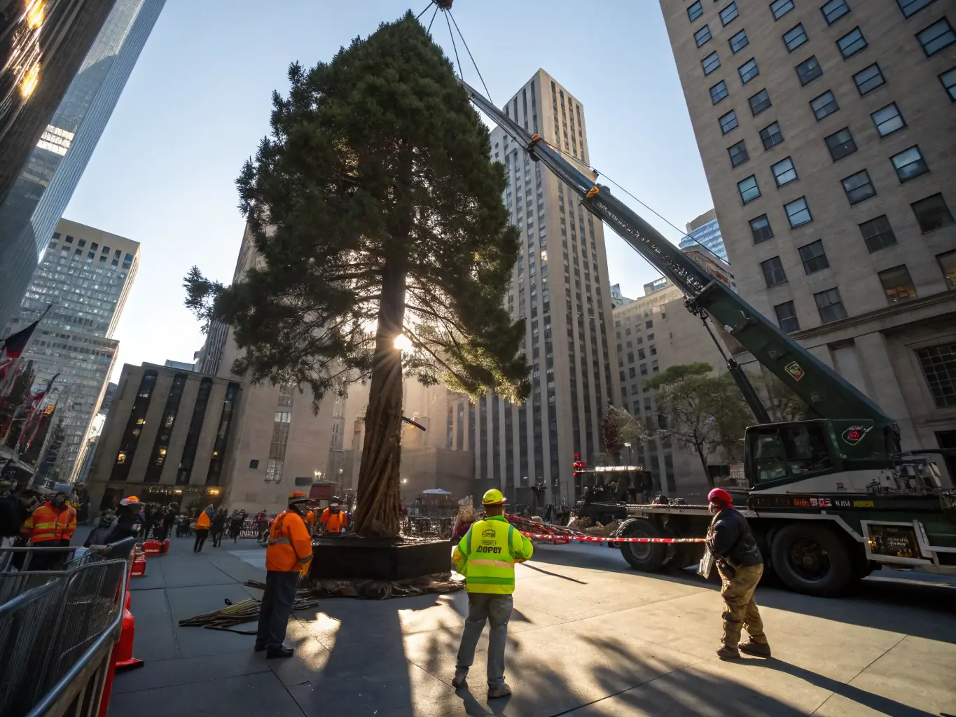 A crane lifting a large section of a tree during a tree removal operation, demonstrating safety and efficiency.