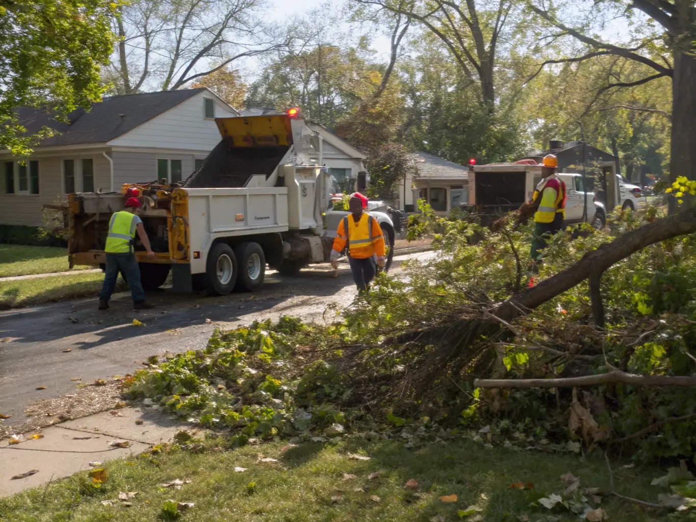 A team of tree care professionals clearing fallen trees and debris after a storm, highlighting their quick response and expertise.